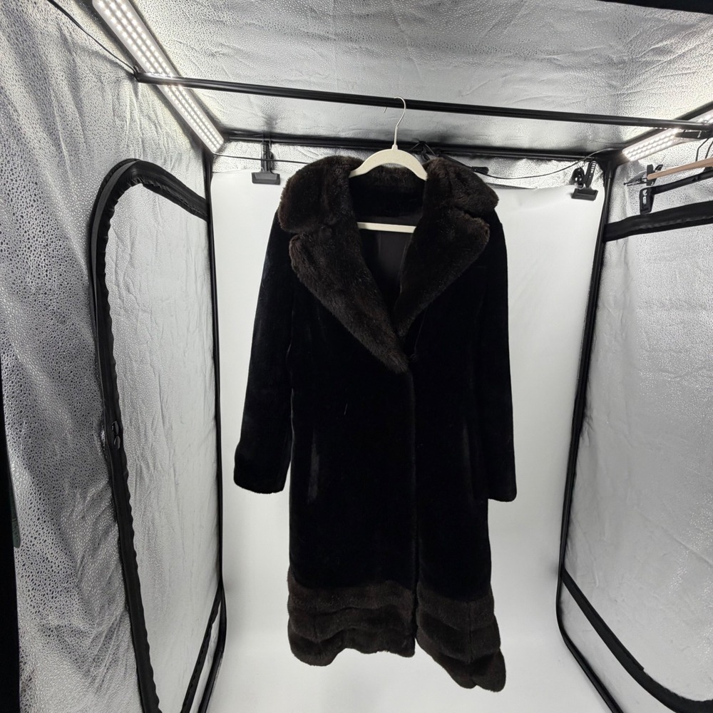Vintage Borgazia Fairmoor Faux Fur Coat Dark Brown Belted Longline Jacket M